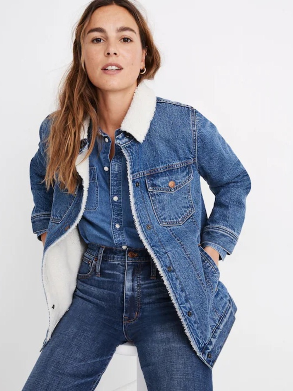 Madewell Blue Denim Jacket with Cream Sherpa Collar